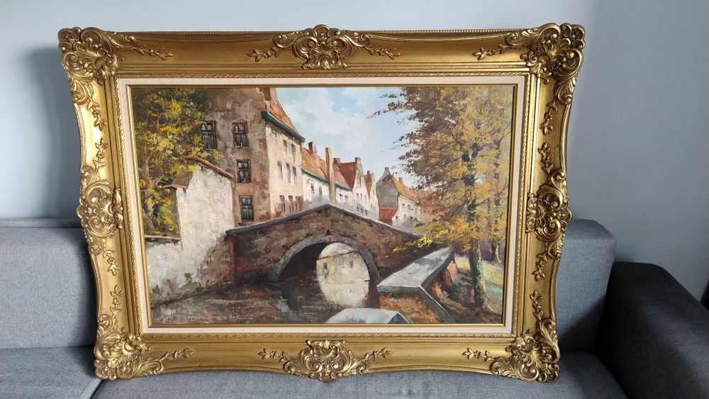 Stary duży obraz na płótnie w złotej ramie