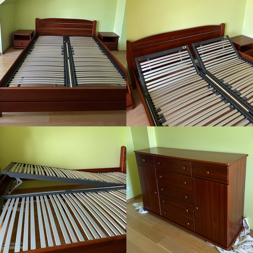 Zestaw mebli drewnianych łóżko ze stelażem + 2 szafki nocne + komoda