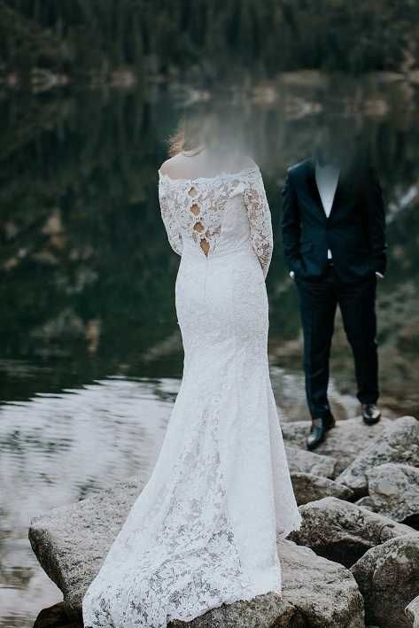 suknia ślubna r. M, długie rękawy, tren, przepiękna klasyka