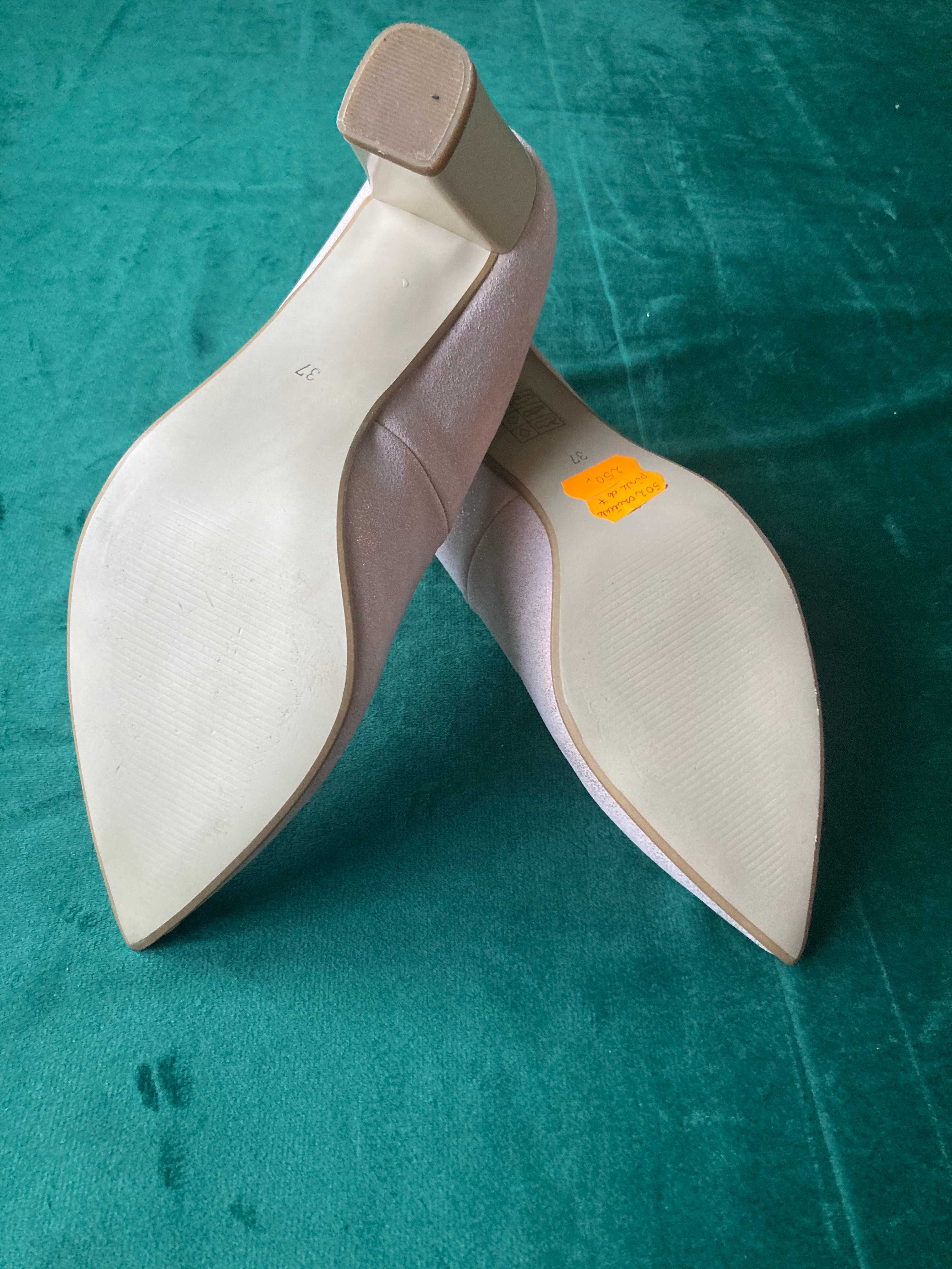 Nowe buty czółenka różowo-złote na słupku, r. 37, wys. 5 cm, wyprzedaż