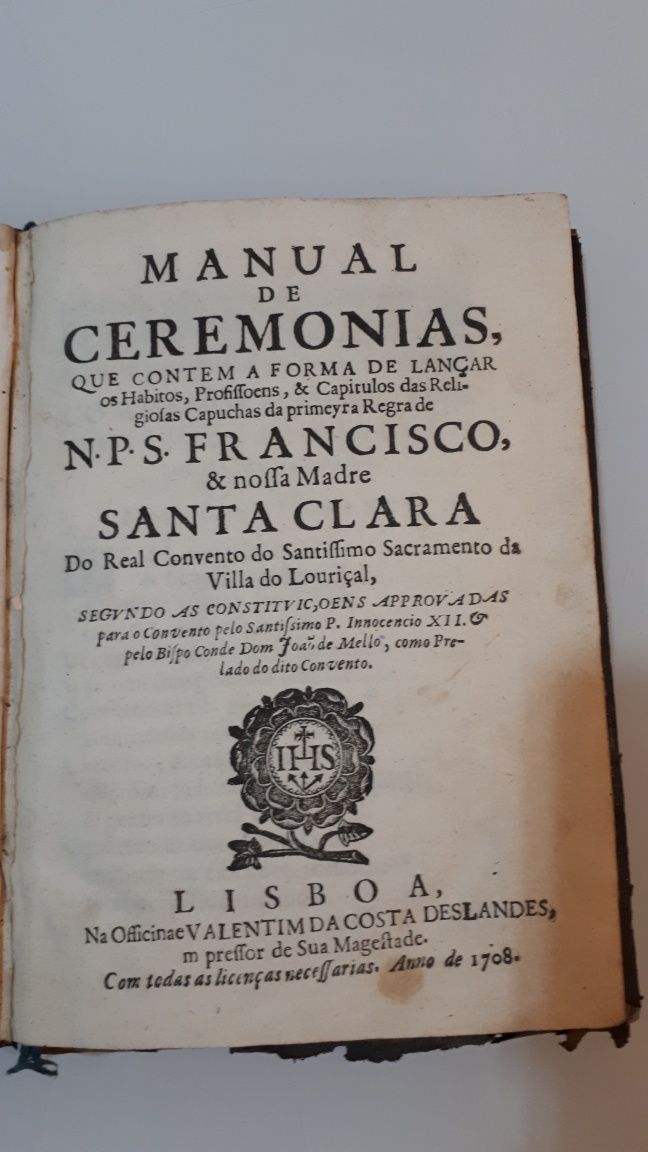 Livro antigo de 1708 Manual de Cerimônias do Convento do Louriçal