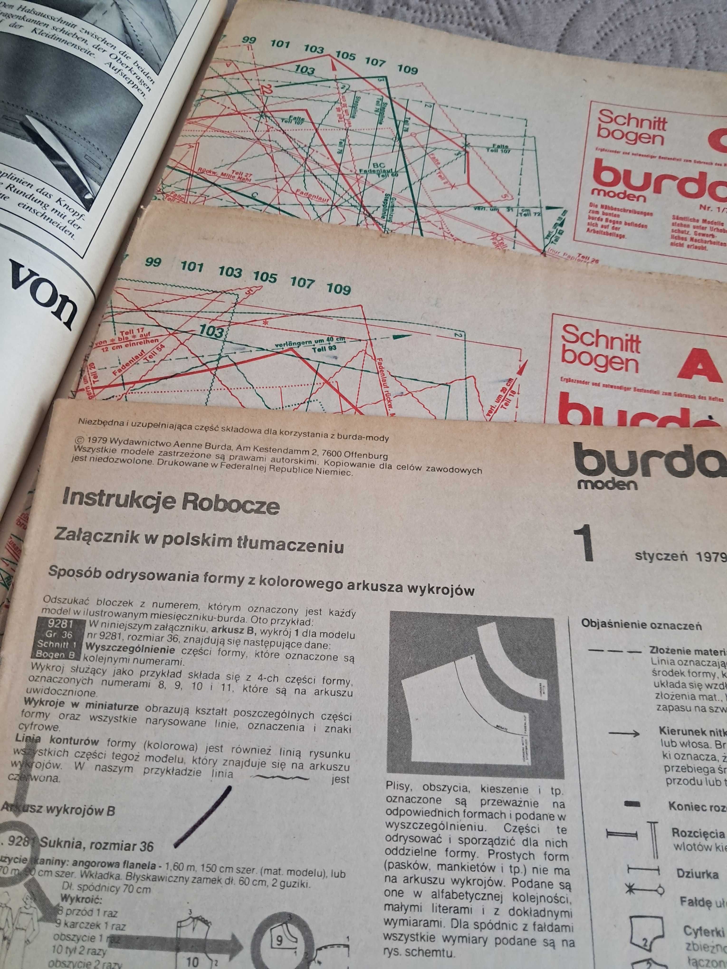 Burda Moden 1/1979, wykroje, dodatek po polsku