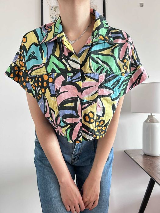 Bluzka koszula damska krótka kolorowa modna w kwiaty bawełniana L