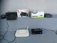 Router wi fi, panel kontrolny, retro telefon, setup box