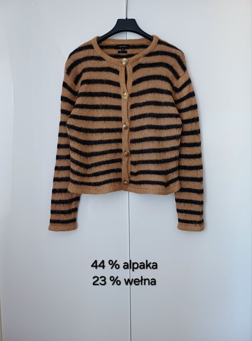 Massimo Dutti wełniany kardigan w paski wełna alpaka brązowy camel