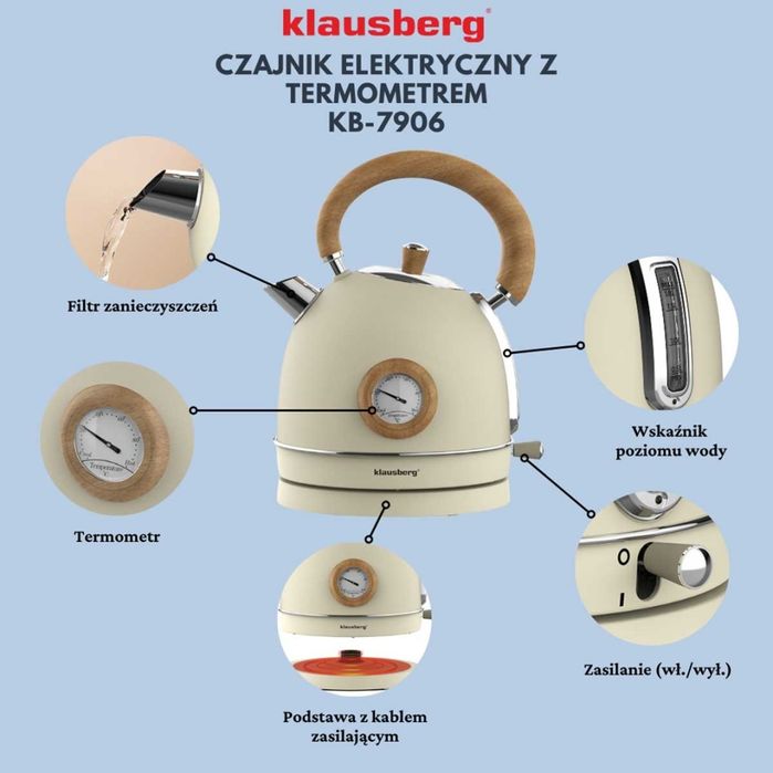Czajnik Elektryczny 1,8L Z Termometrem Klausberg Kb-7906 Retro