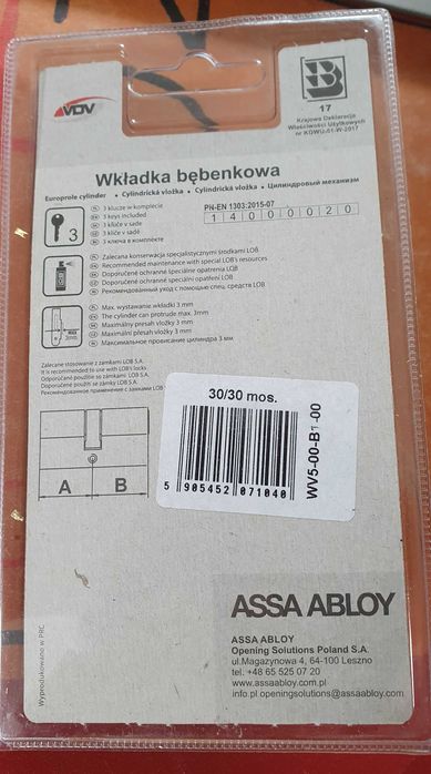 Wkładka bębenkowa A-B 30/30 nowa