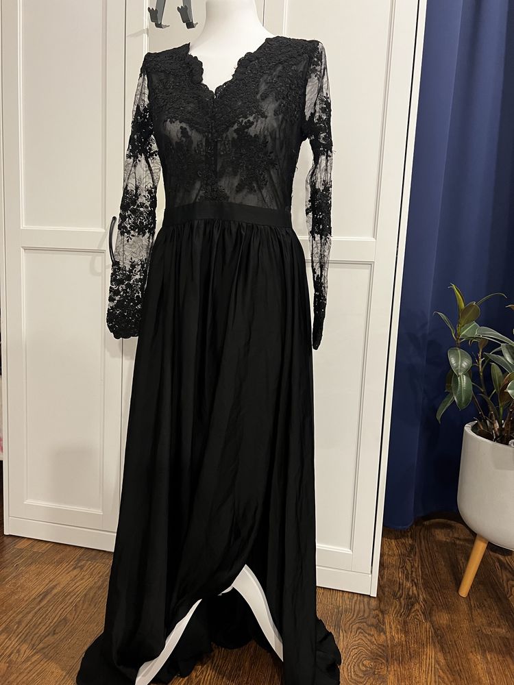 Suknia wieczorowa M 38 czarna atłasowa