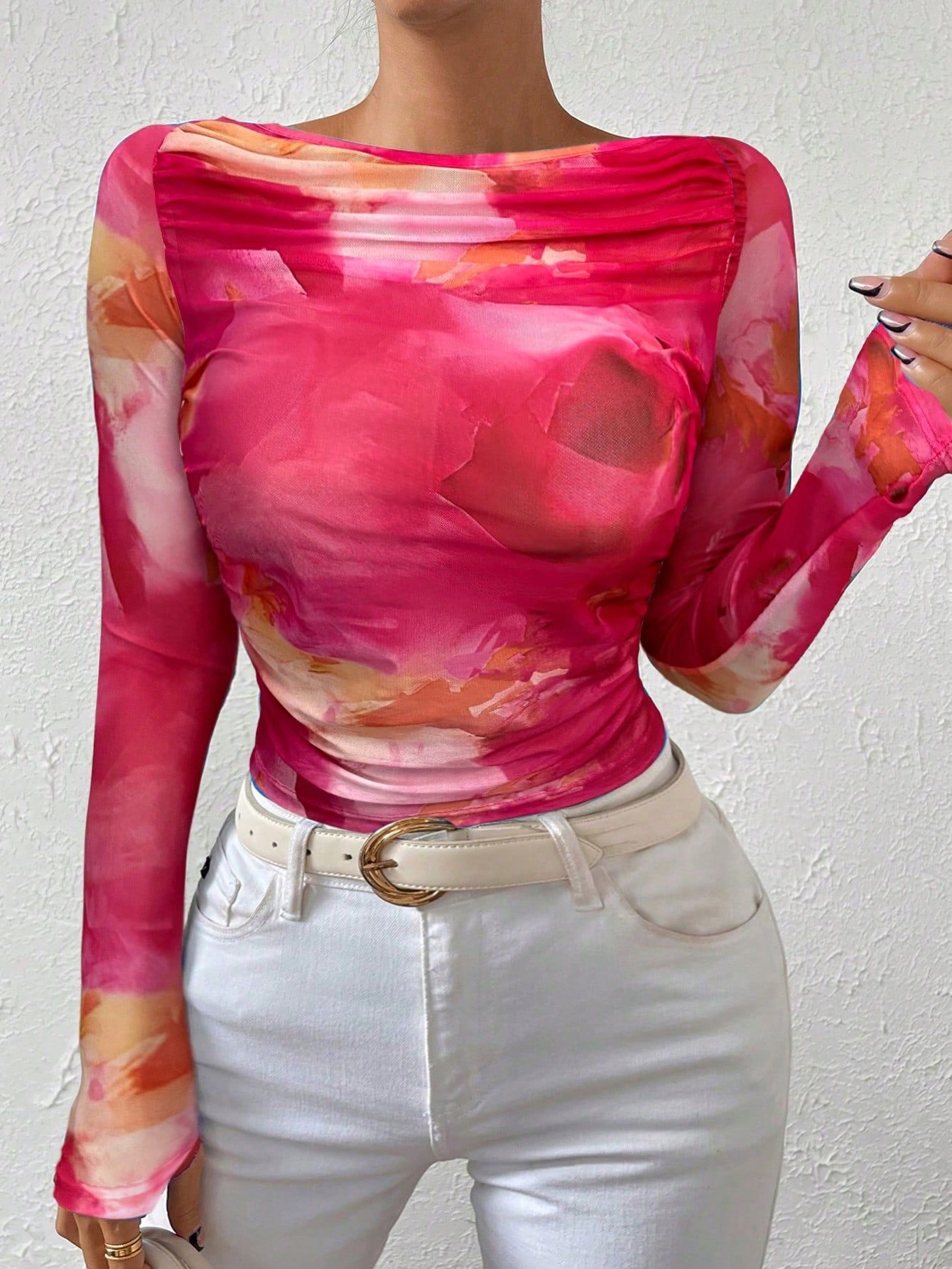 Top Sexy Siateczkowy Marszczony Tie Dye Różowy Shein M 38