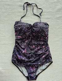 damski czarno- fioletowy strój kąpielowy jednoczęściowy efekt cekinów