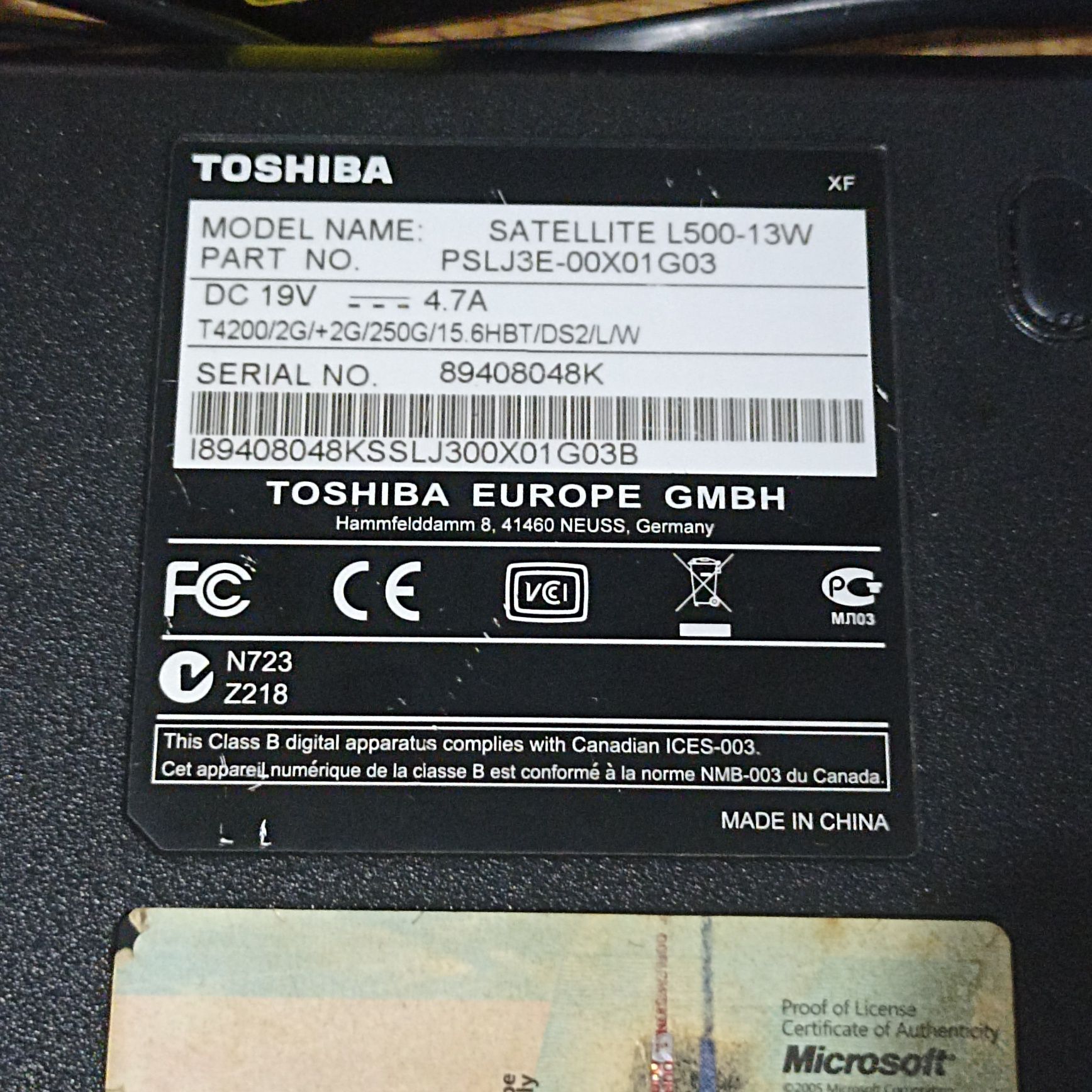 Portátil Toshiba L500 13W para pecas