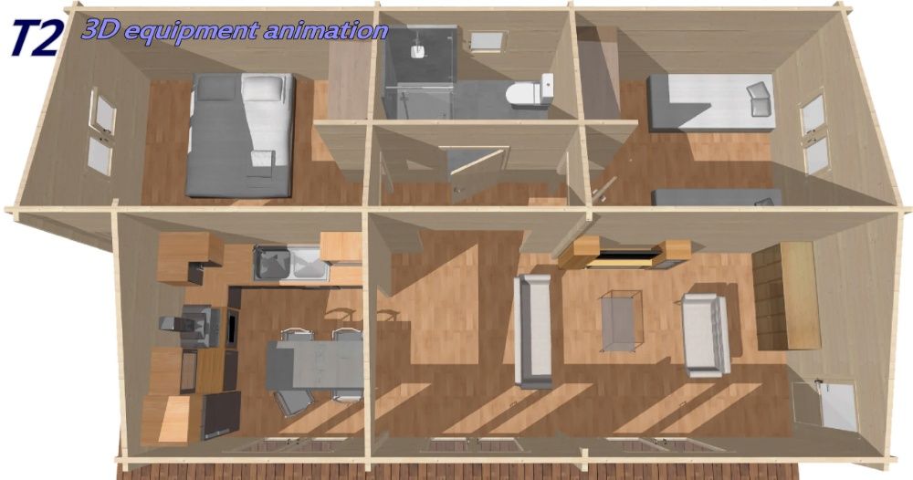 Casa de madeira T2 eco  59 m²  6 divisões  em 44-68 e 88mm