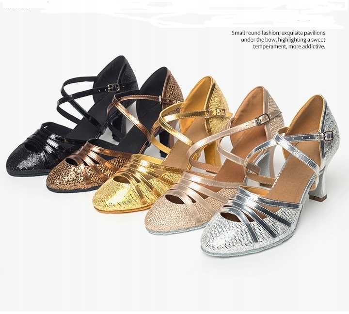Damskie wygodne złote buty do tańca latynoskiego tango obcas 5cm r. 41