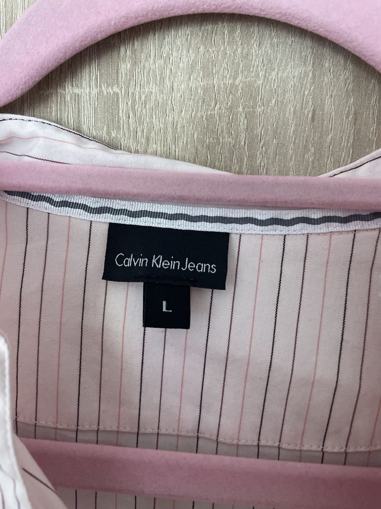 Koszula Calvin Klein Jeans L logowana paski pudrowy róż elegancka