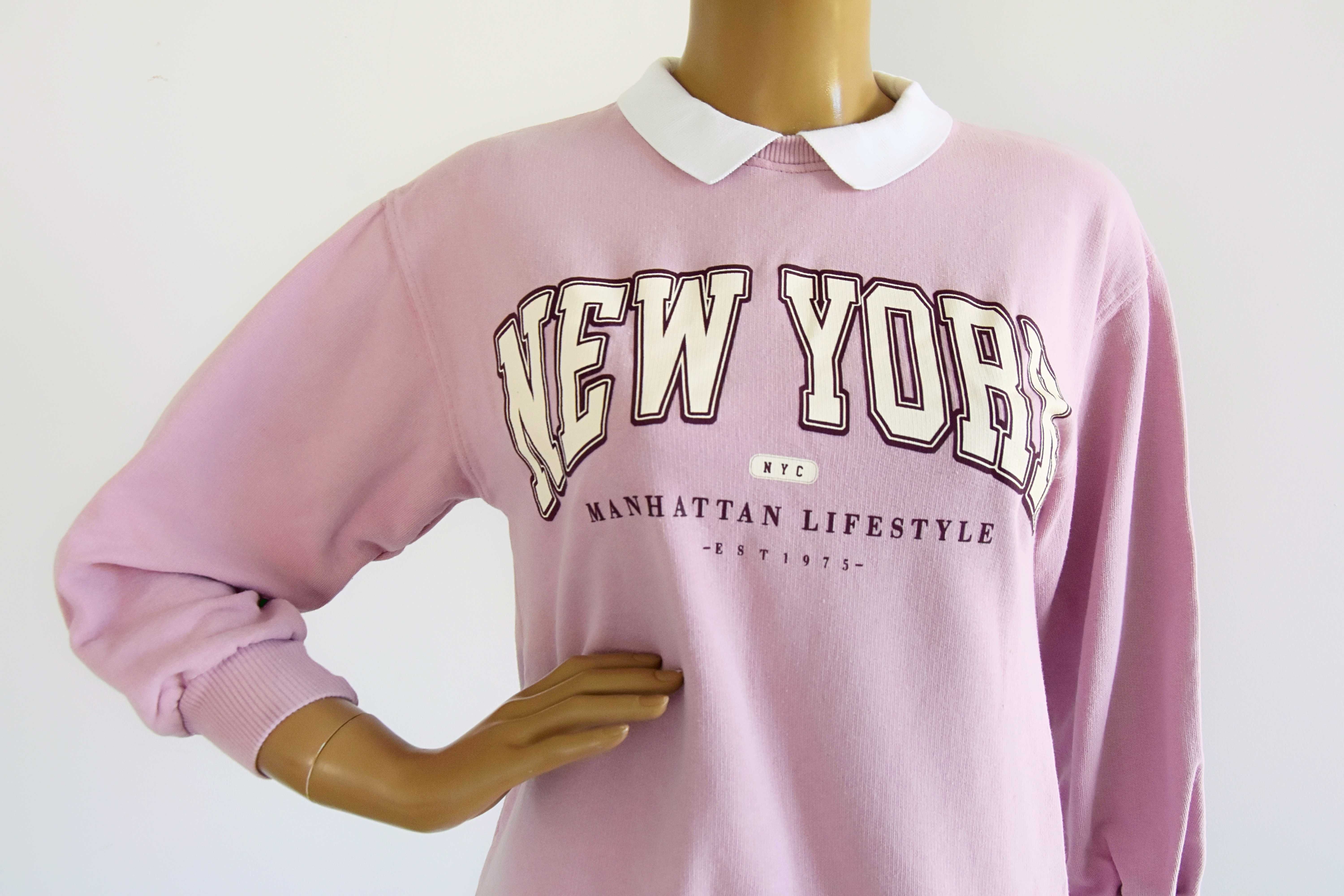 Liliowa bluza z kołnierzykiem napisem New York S 38