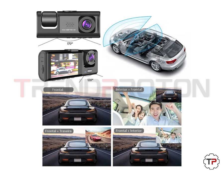 Dash Cam c/ 3 Câmaras (Traseira, Frontal e Interior)