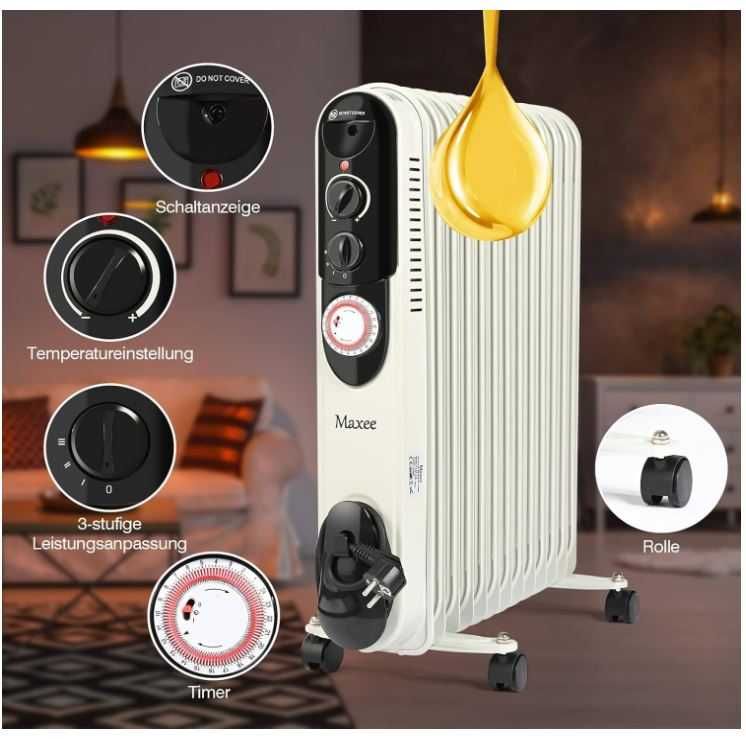 Grzejnik olejowy Maxee 2500W, 3 poziomy mocy