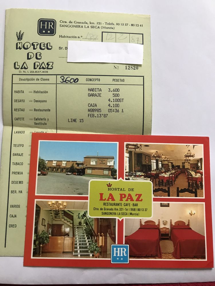 Pocztowka i Stary rachunek z hotelu - Hiszpania 1987