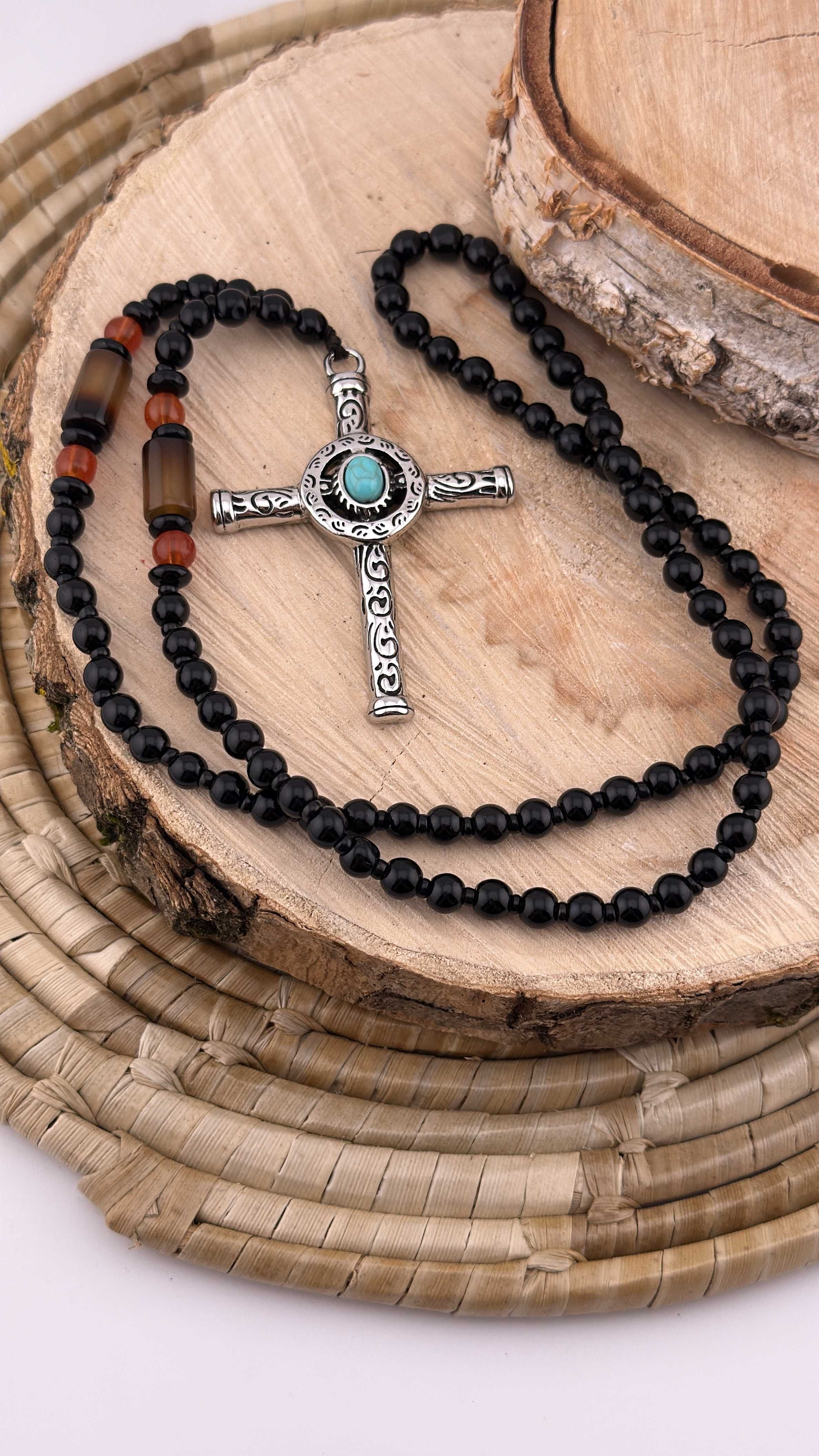 Naszyjnik różaniec koraliki modlitwa cross krzyż Gothic Agat turkus