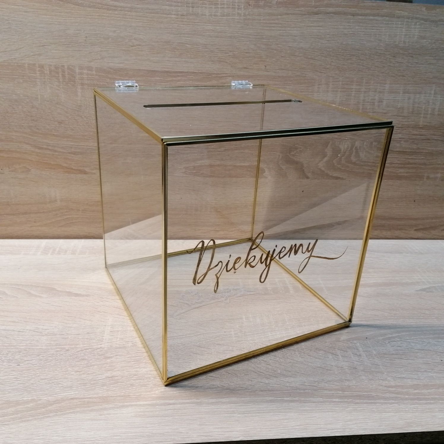 Zestaw ślubny skrzynka pudełko na kartki ślubne obrączki szklane złote