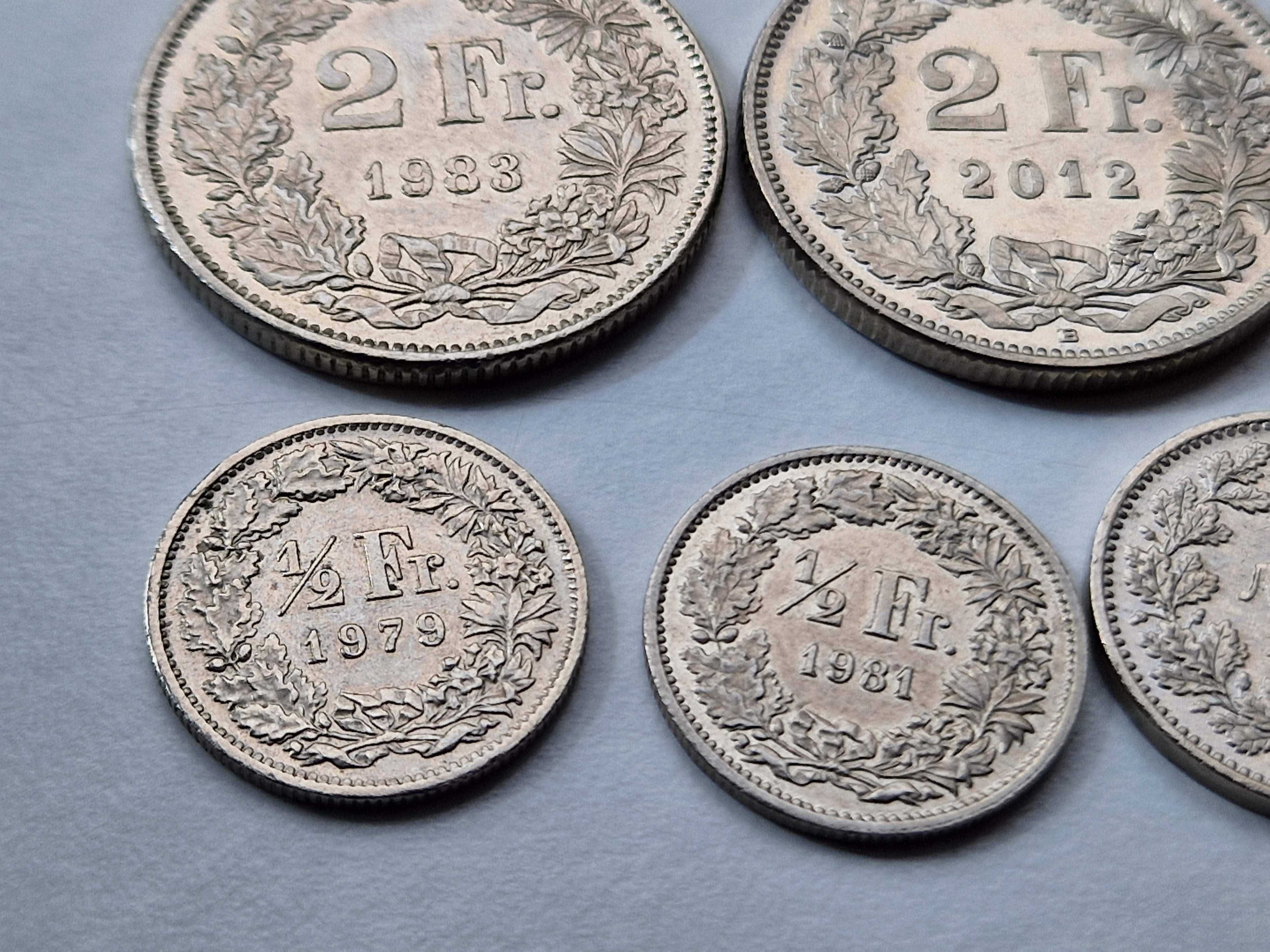 10 монет Швейцарії (5 франків, 2 франки, 1/2 франка, 10 і 20 сантимів)