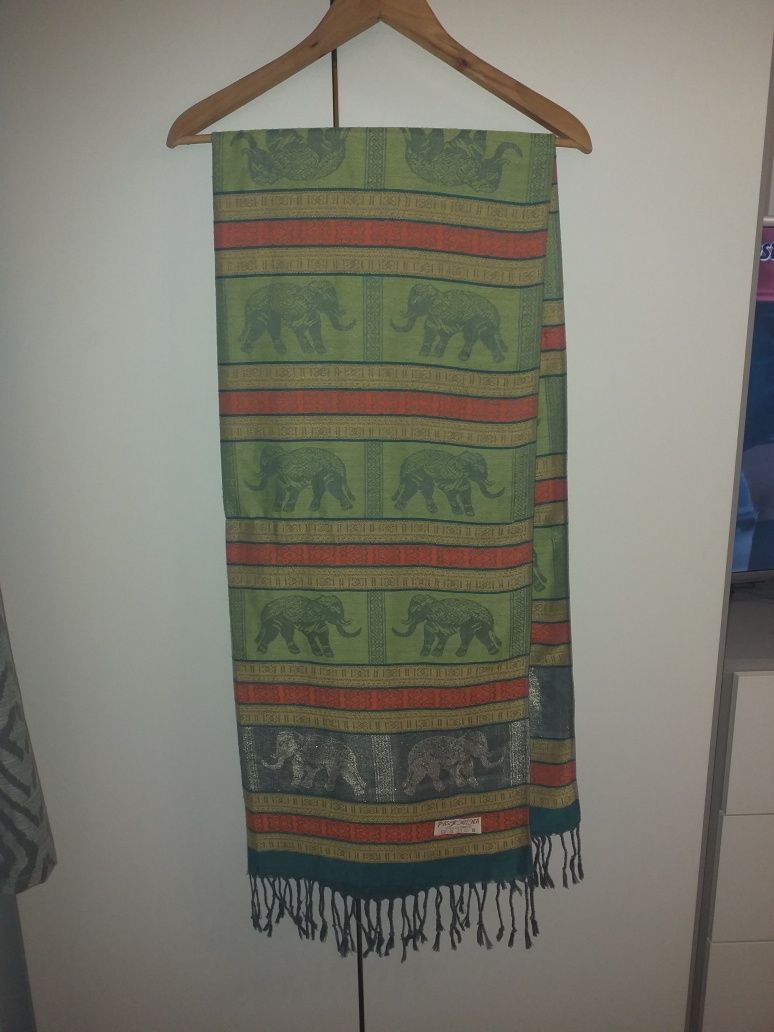 Szal Pashmina 100% kaszmir zielony słonie