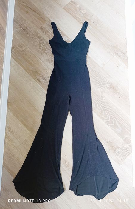 Черний блискучий комбінезон клеш