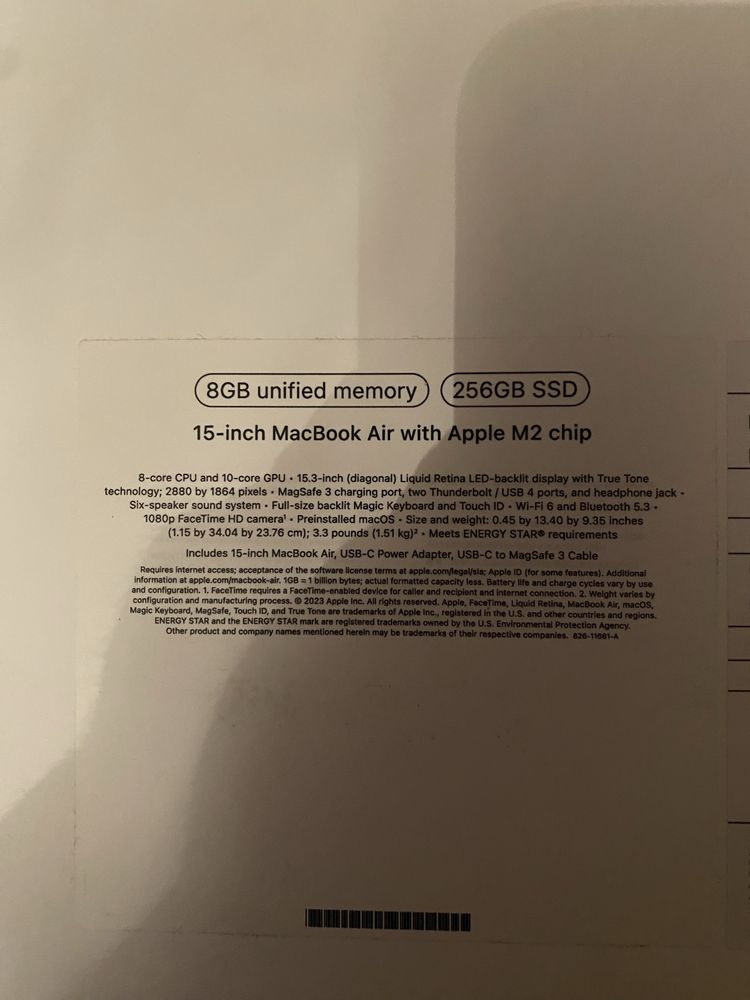 Apple MacBook Air 15“  M2 8/256 GB 2023