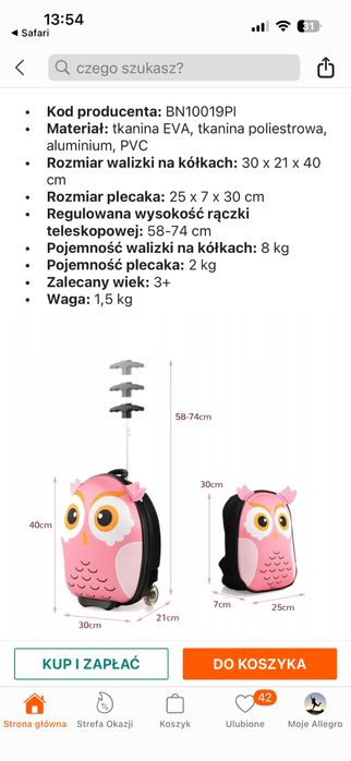 Plecak i walizka na kółkach dla dzieci sowa