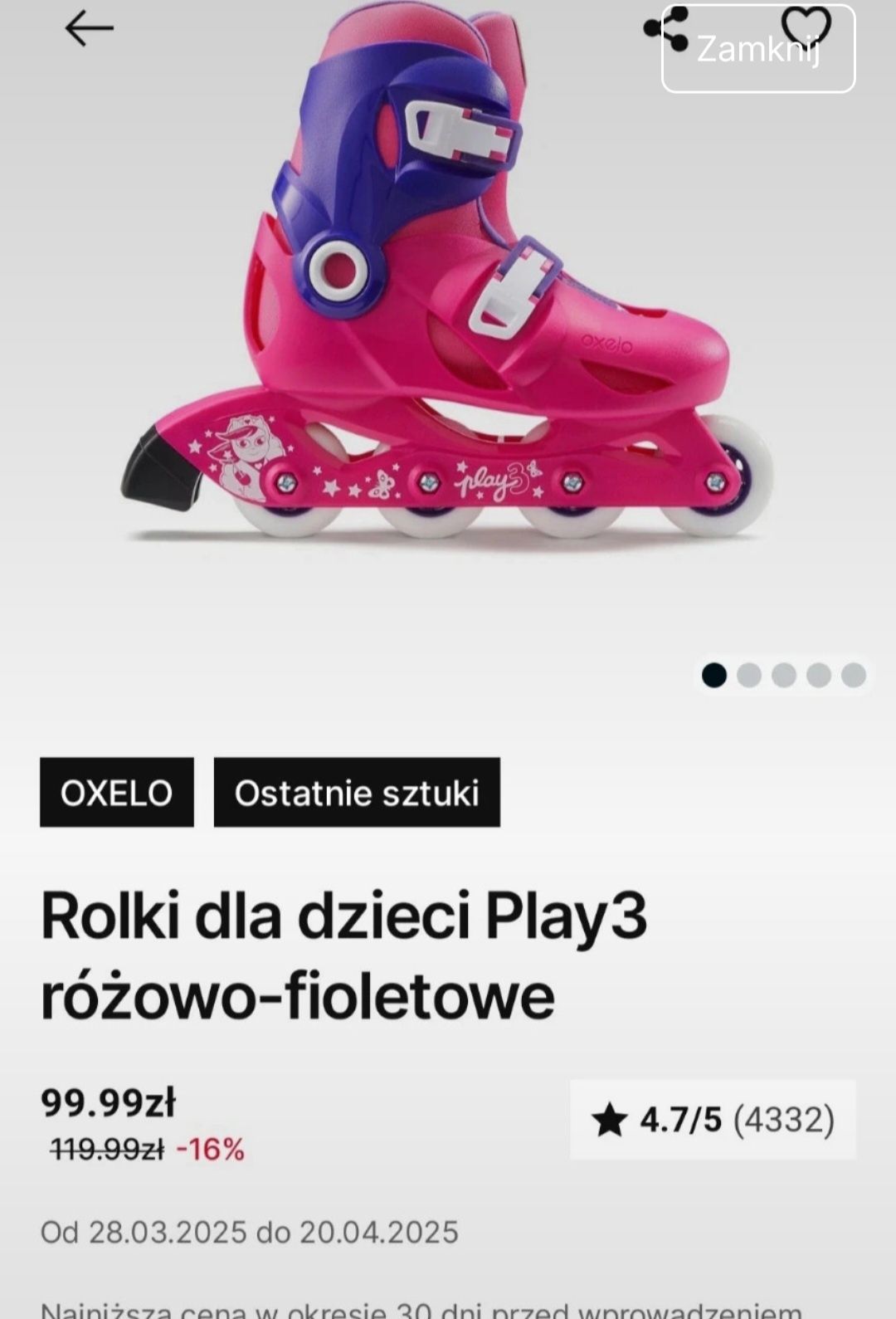 Różowe rolki dla dziewczynki 1Paly3 od OXELO Decathlon – roz.34-36