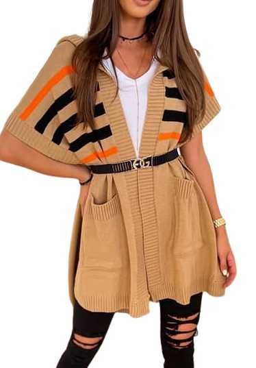 Stylowe ponczo z kapturem i kieszeniami camel/czarny oversize