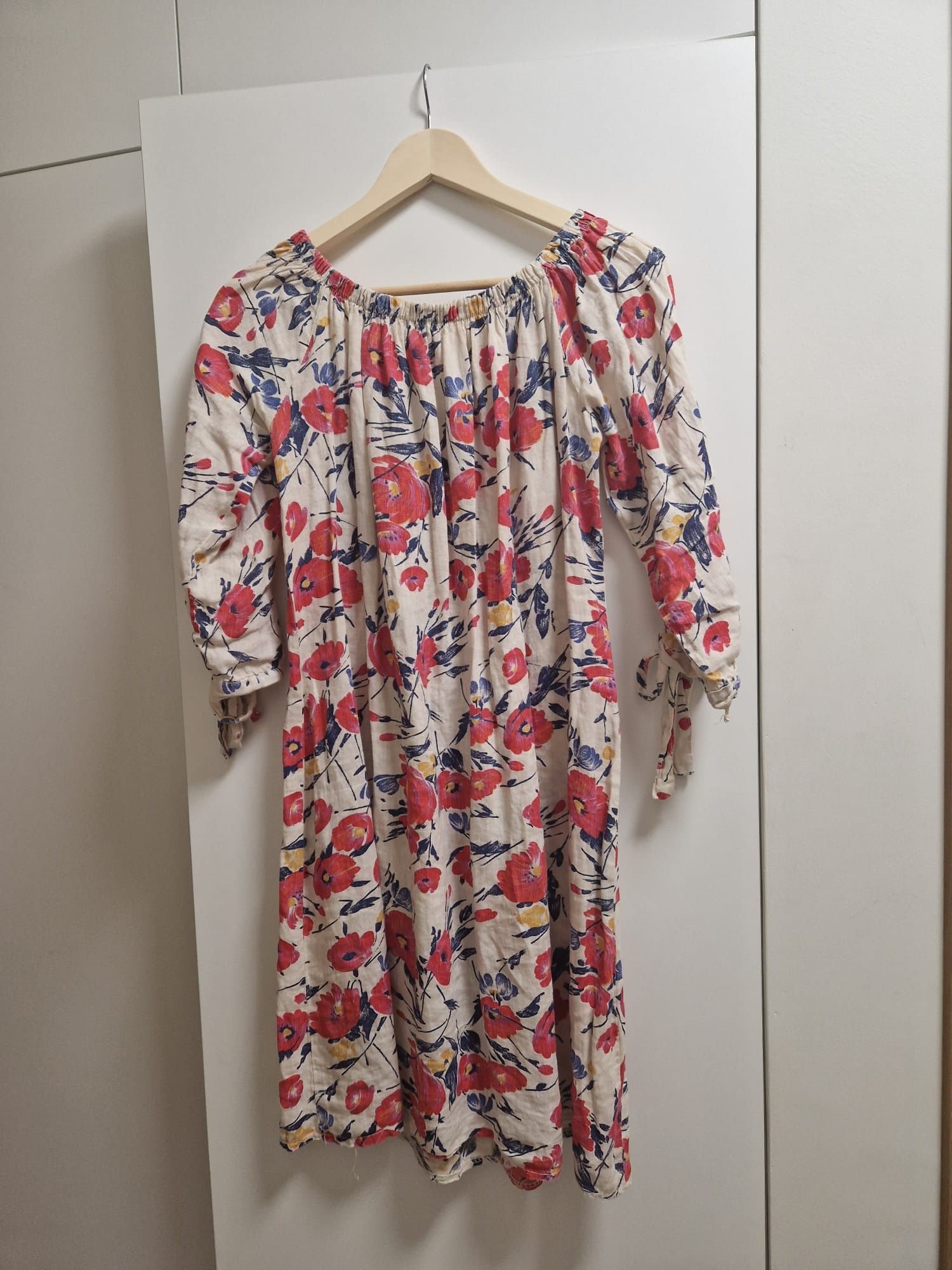 Lniana sukienka midi w czerwone kwiaty 100% len 36/s oversize