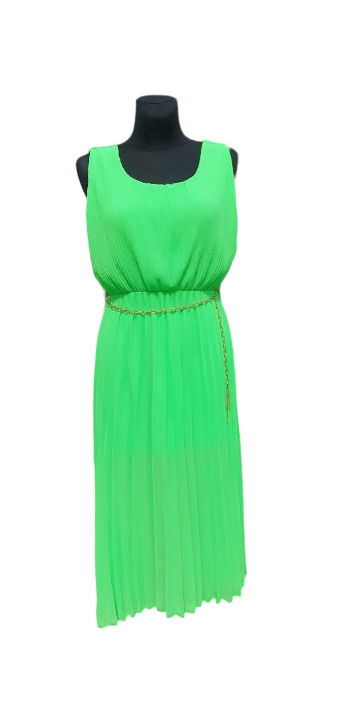Sukienka damska bez rękawów, plisowana, neonowy zielony