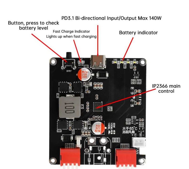 IP2366 PD3.1 140 Вт двонаправлена Модуль power bank  2S-6S  Li-ion Li4