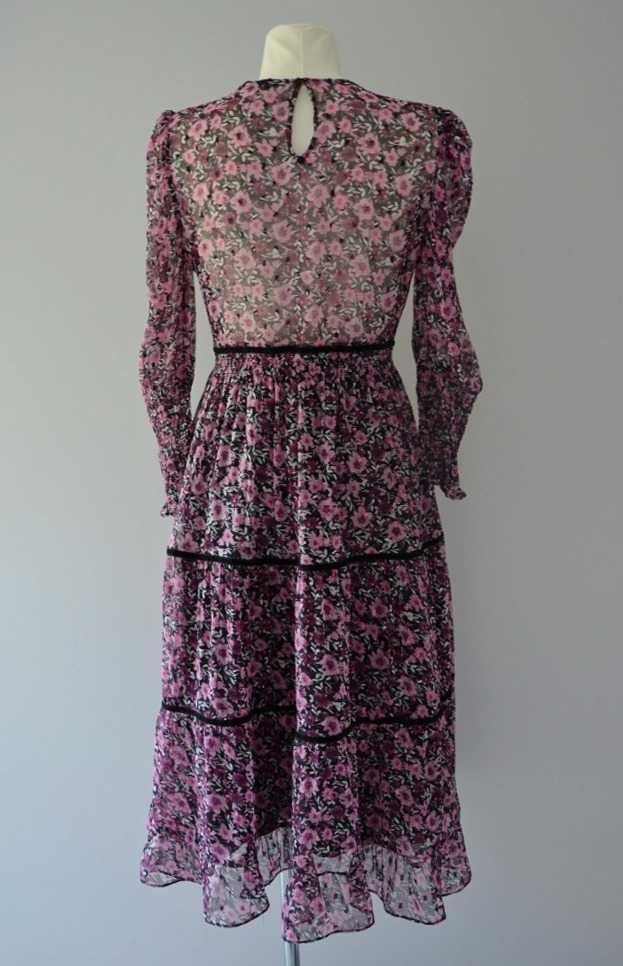 Zara czarna fioletowa sukienka midi kwiaty cottage french 36 S