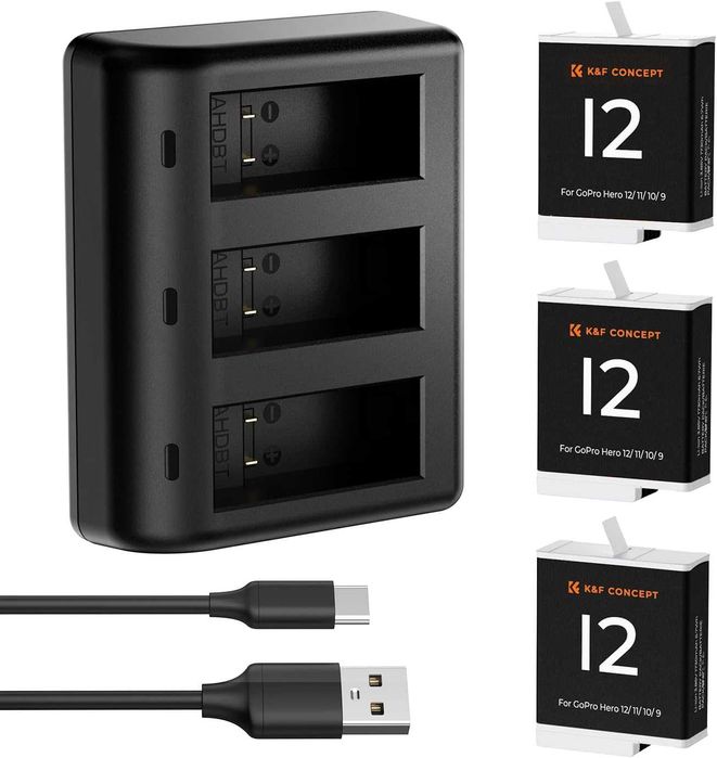 Carregador Triplo K&F Concept + 3x Bateria GoPro Hero 9/10/11/12