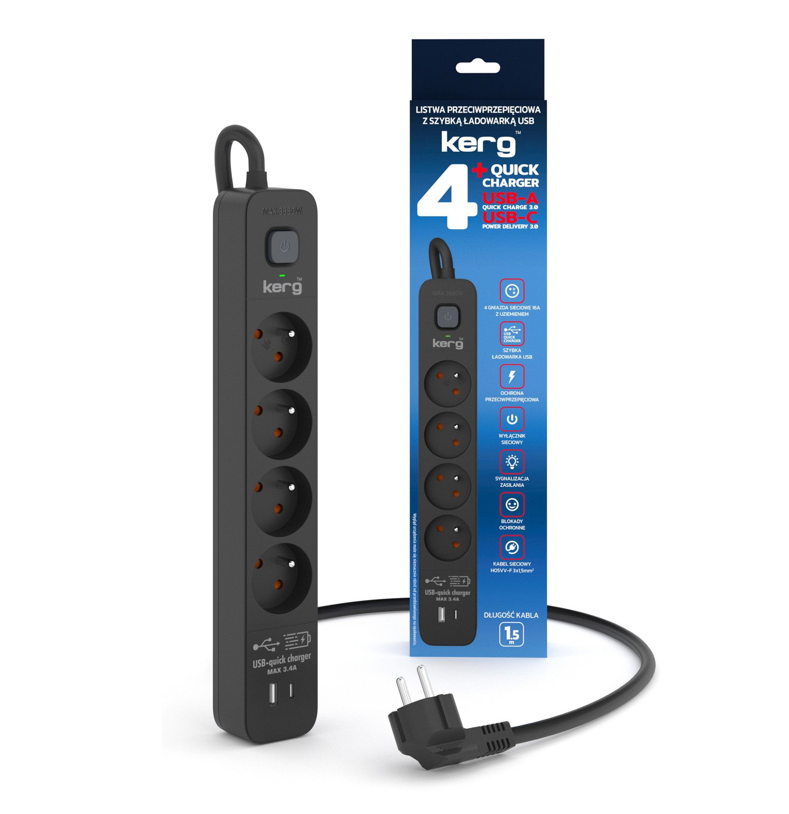 Listwa zasilająca przeciwprzepięciowa 4 gniazd USB/USB-C 3m 16A M02522