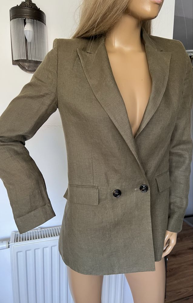Mango lniana marynarka xs damska zielona khaki len długa lekka