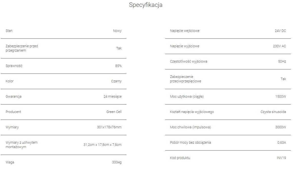 Jak NOWA! Przetwornica 24V -> 230V GREEN CELL czysty sinus 1500/3000W