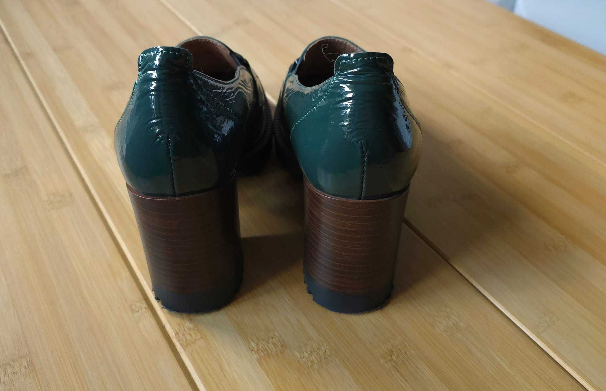 Buty damskie Kulig skórzane, zielone, lakier na słupku, r.37, jak nowe
