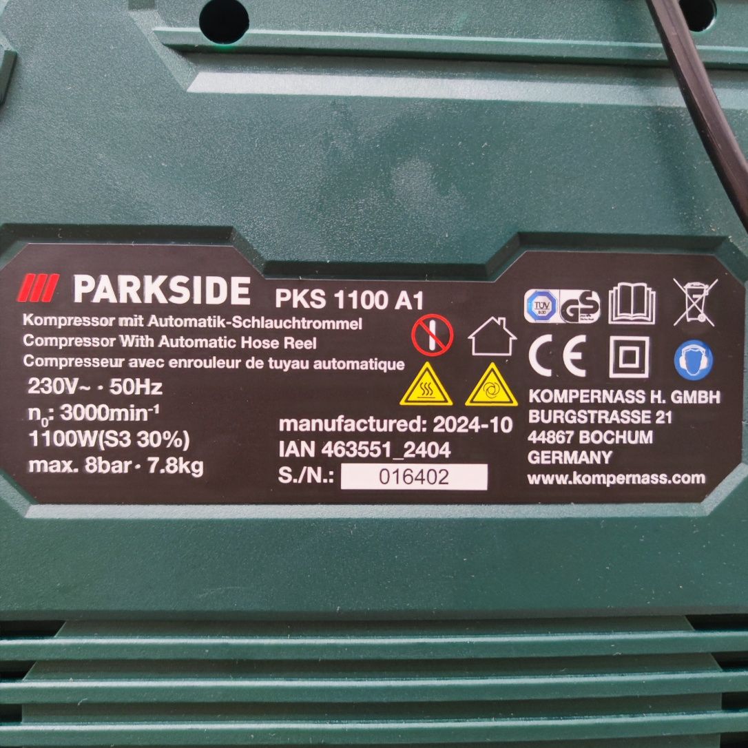 Kompresor Bezolejowy Parkside PKS 1100W A1 8ba Automatyczny Bęben+Wąż