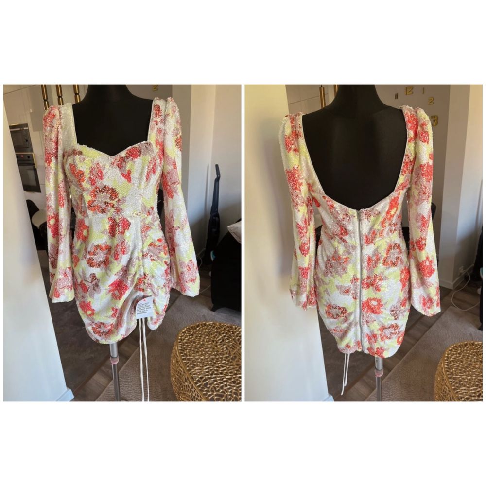 Cekinowa sukienka mini gorsetowa bufki kwiaty drapowana s 36 asos luxe