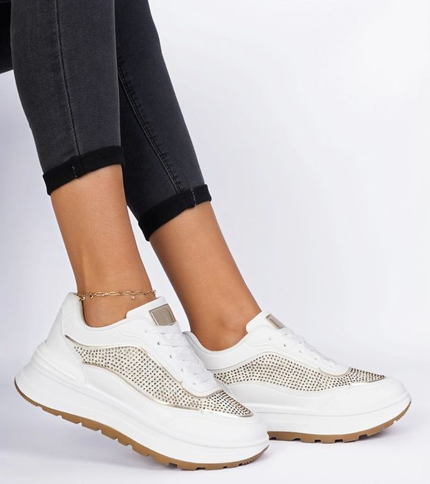 Białe damskie sneakersy z cyrkoniami Fucco