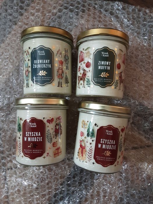 Świece sojowe 4x wosk i knot ołowiany żolnieżyk, zimowy muffin,szyszka