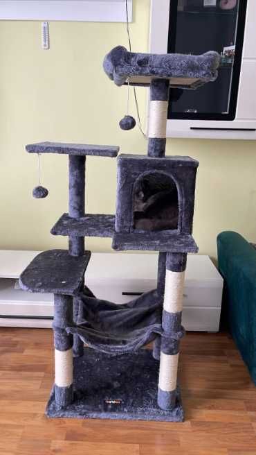 Duży stabilny drapak dla kota legowisko budka domek 143cm CIEMNOSZARY