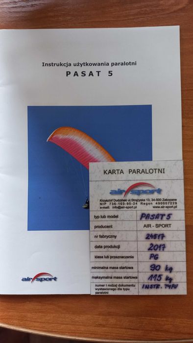 Paralotnia Air Sport Pasat 5, rozmiar 28  90-115 kg