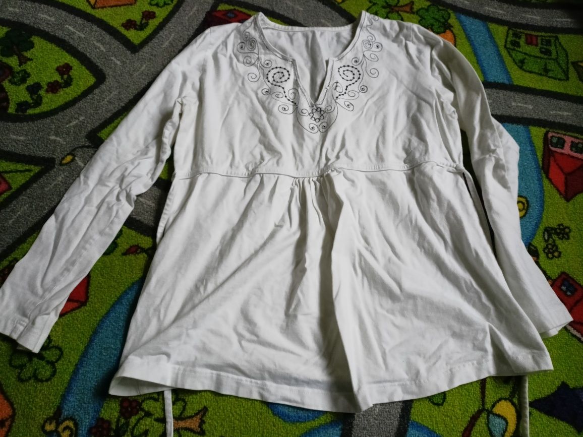 Biała bluzka ciążowa z czarnym haftem z tyłu wiązana długi rekaw 42 XL