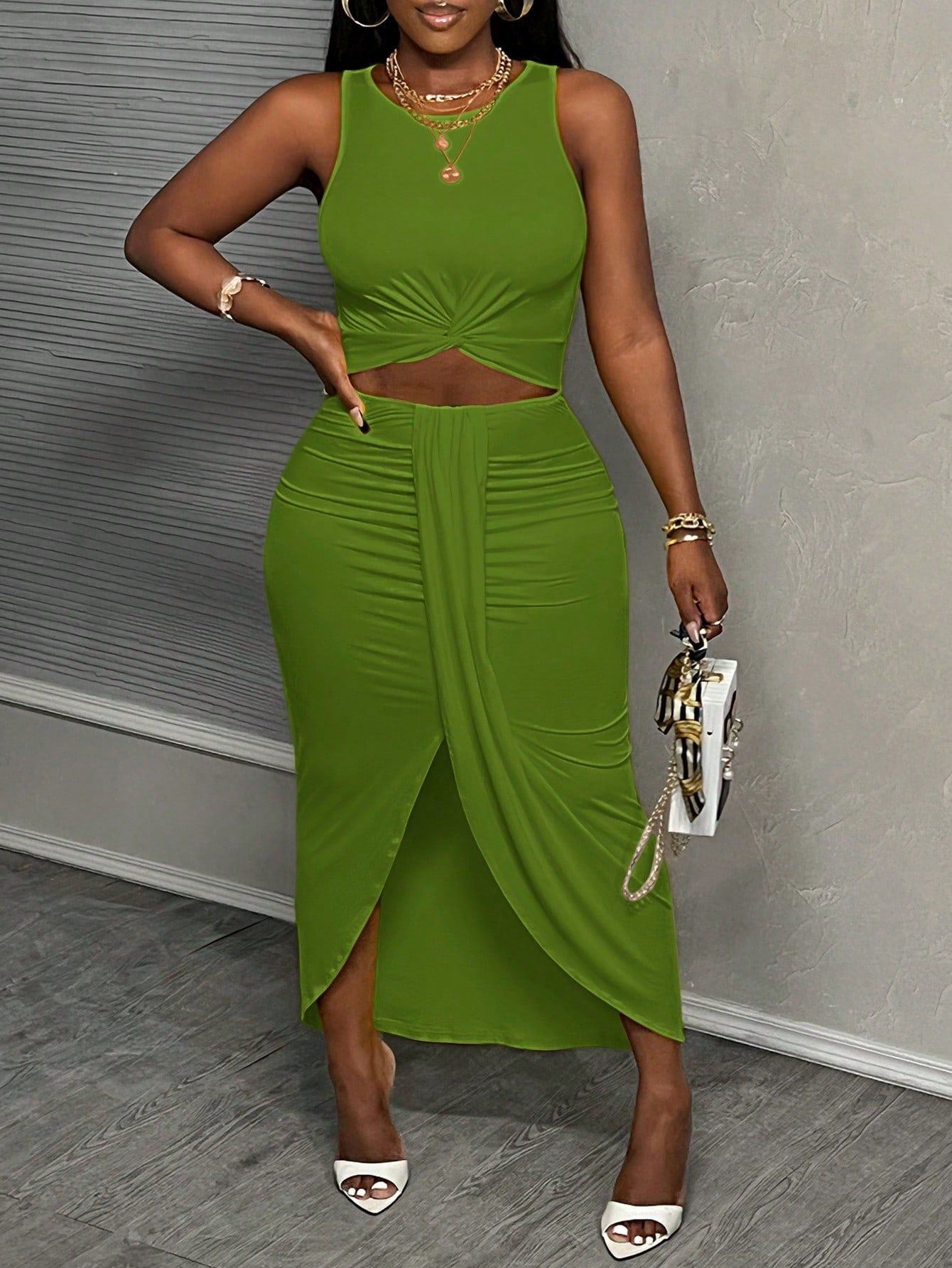 Sukienka Maxi Sexy Twist Asymetryczna Bodycon Zielona Casual L 40