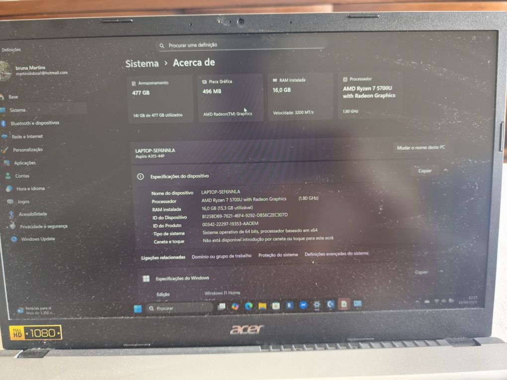 Vendo com urgência Acer aspire 3 15