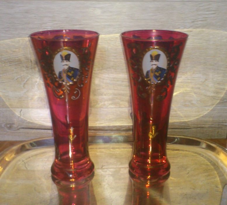 Para szklanic MOSER BOHEMIA Cranberry Gold Medalion Glasses